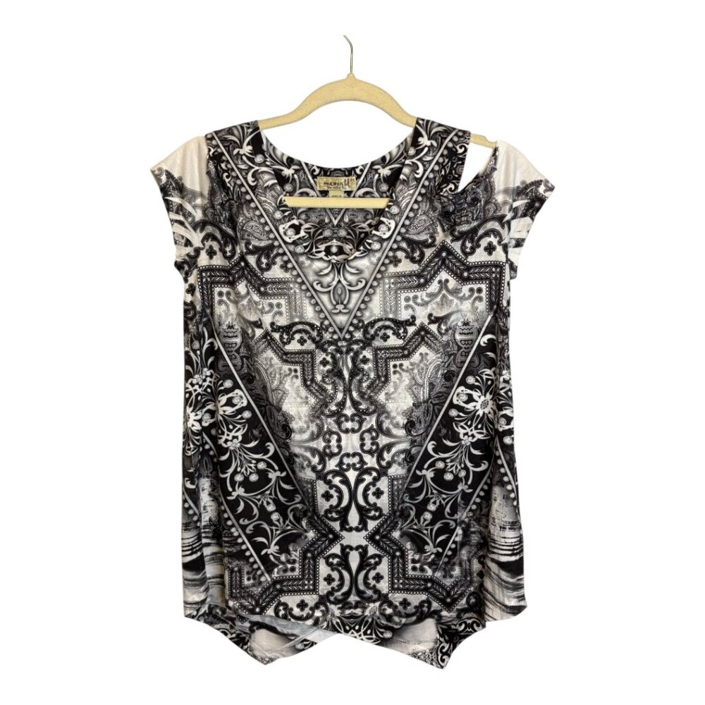 One World Blouse Women's Size Small Petite Paisley Cold Shoulder Black‎ White